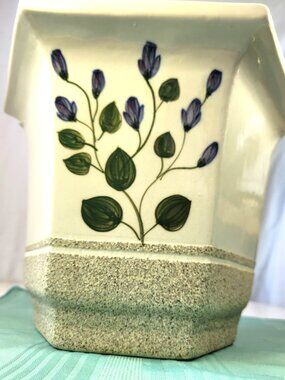 Large 11.5" Hexagonal Ceramic Planter Purple Floral Sprigs Sand Textured Base